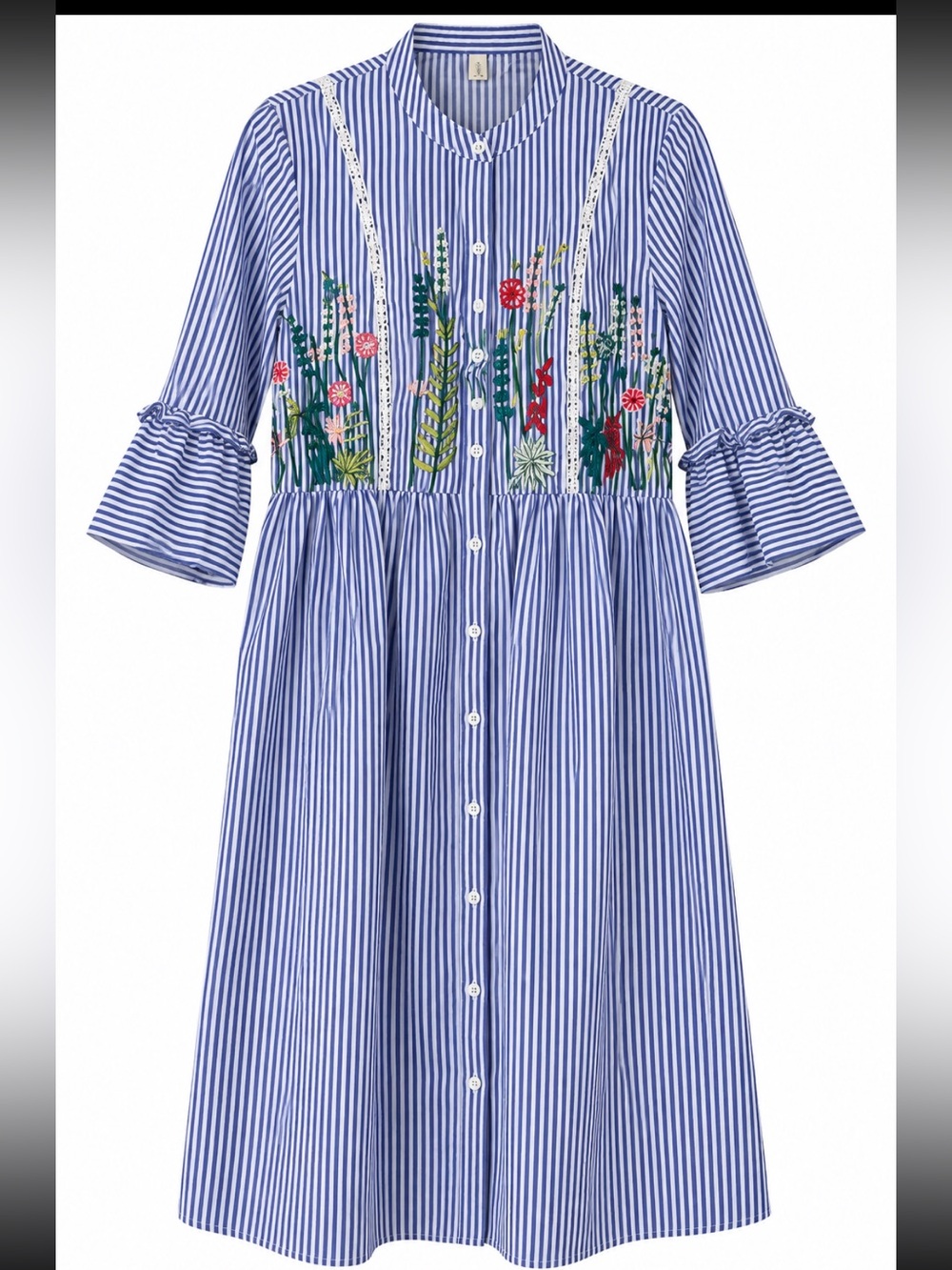 Blue & White Striped Midi Dress with Floral Embroidery Size S Boho Cottagecore